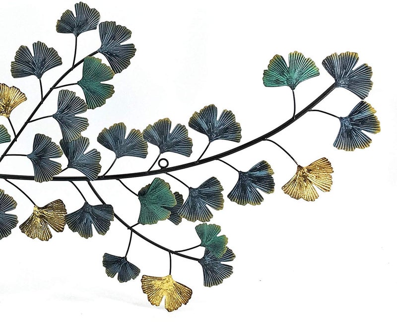 Bellaa 3D Metal Wall Decor Living Room Ginkgo Leaf Japanes Style Flower Golden Blue Teal Abstract Scroll Celtic Wrought Iron Plaque Hanging Boho Home Outdoor Garden Floral Accents Turquoise - Image 2